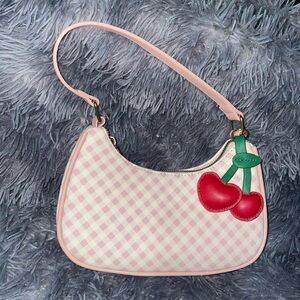 Source Unknown Pink Checkered Shoulder Bag with Cherry Accent